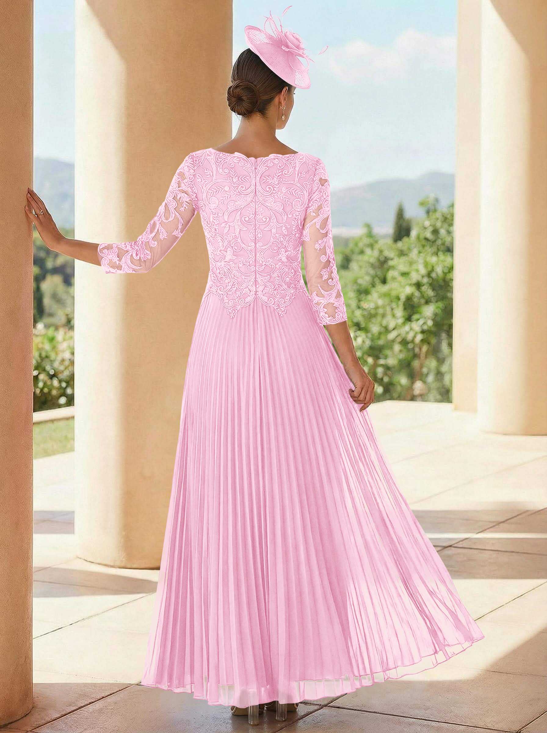 A-Line V-Neck 3/4 Sleeves Ankle-Length Chiffon Mother Of The Bride Dresses With Lace