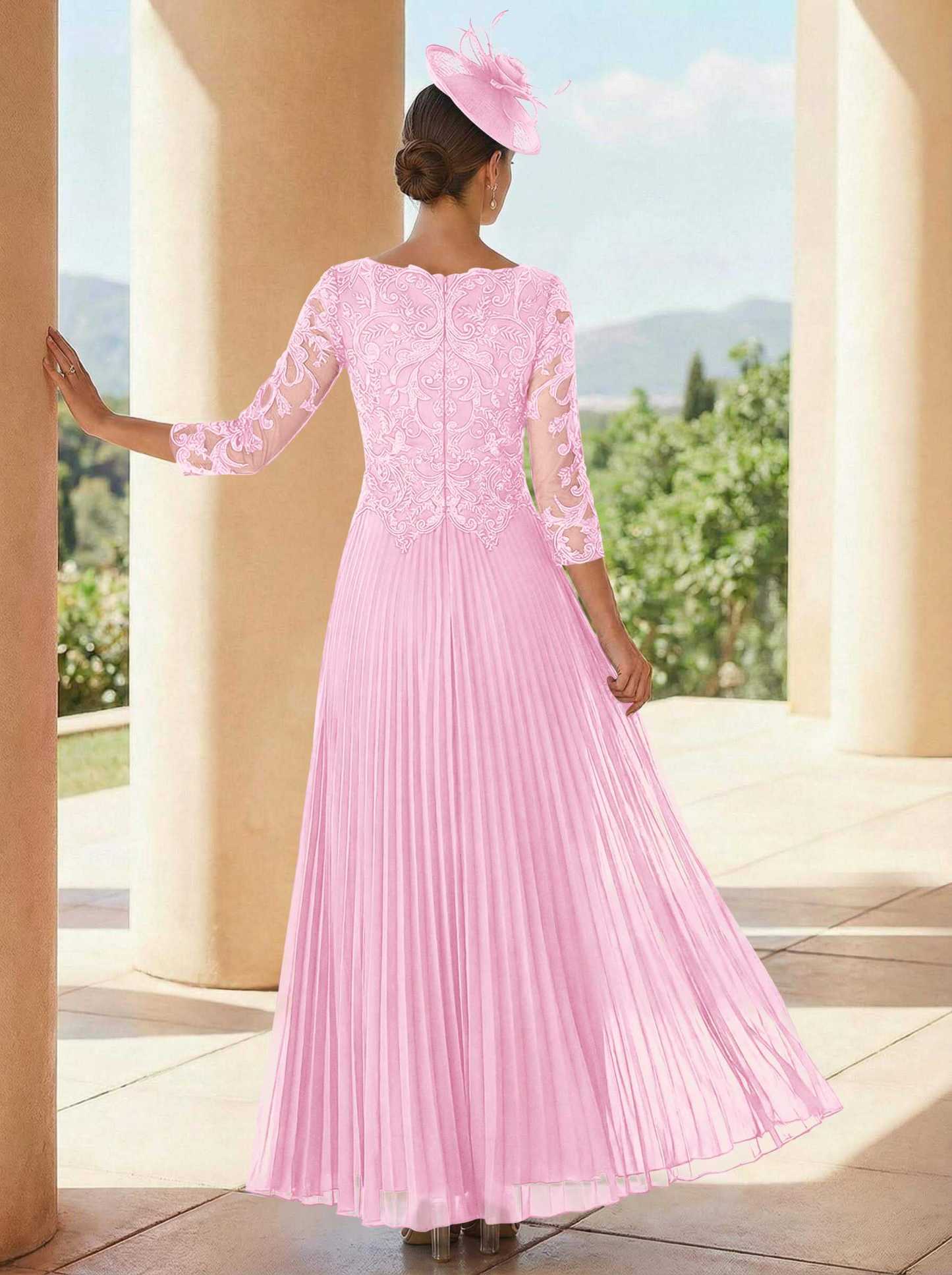 A-Line V-Neck 3/4 Sleeves Ankle-Length Chiffon Mother Of The Bride Dresses With Lace