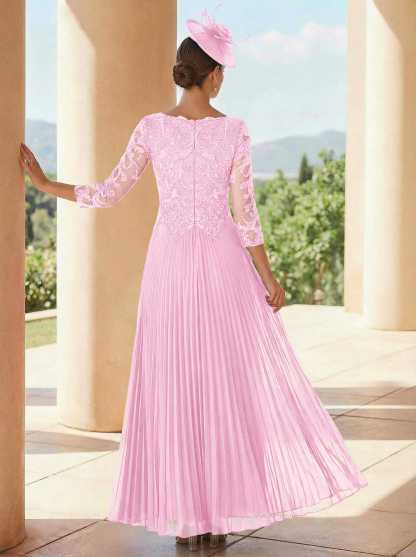 A-Line V-Neck 3/4 Sleeves Ankle-Length Chiffon Mother Of The Bride Dresses With Lace