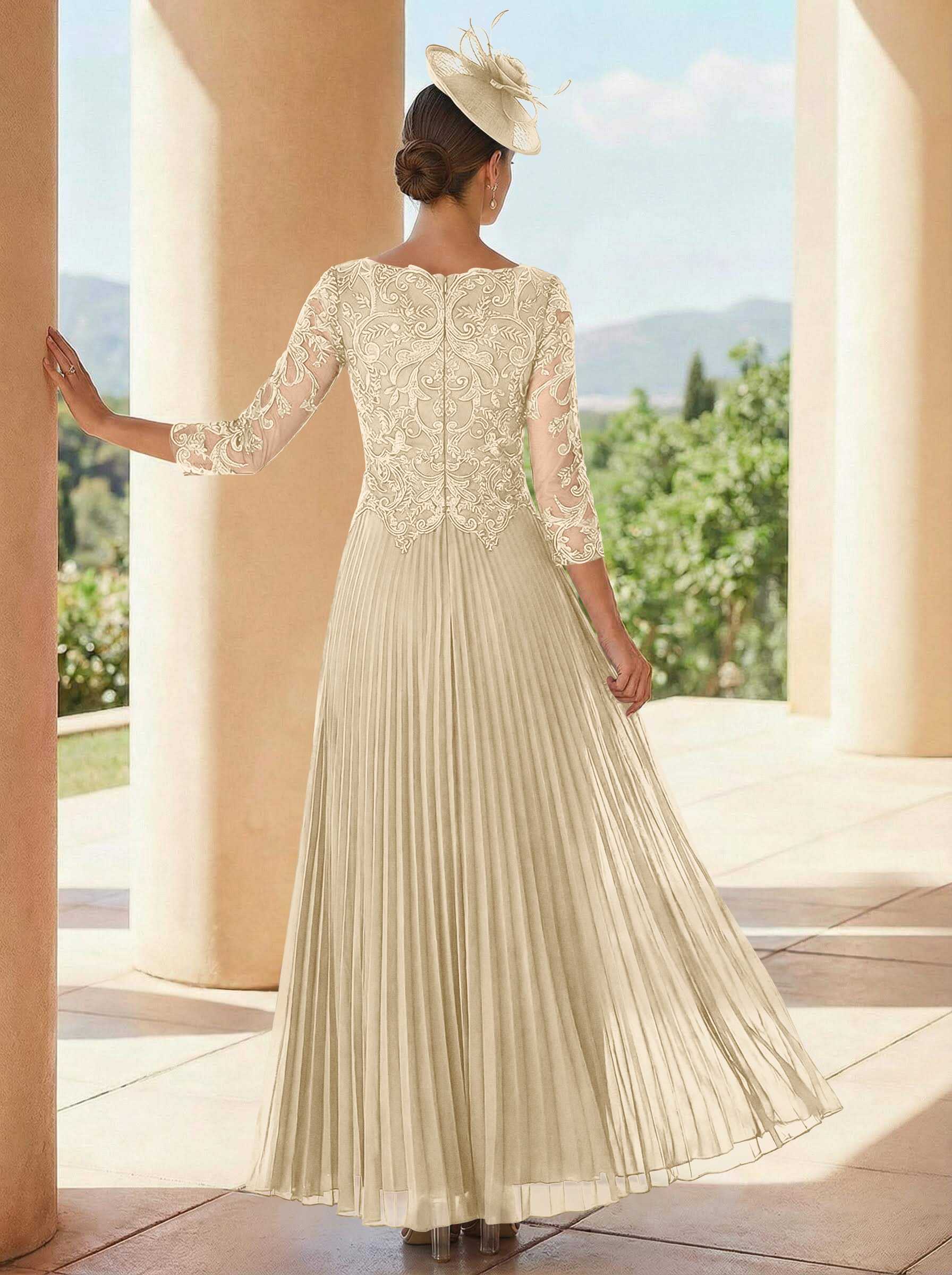 A-Line V-Neck 3/4 Sleeves Ankle-Length Chiffon Mother Of The Bride Dresses With Lace