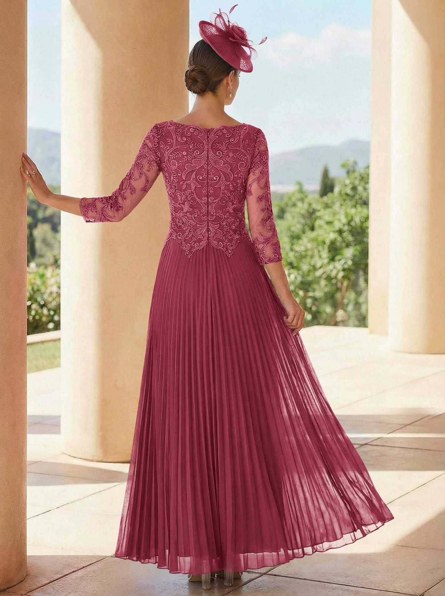 A-Line V-Neck 3/4 Sleeves Ankle-Length Chiffon Mother Of The Bride Dresses With Lace