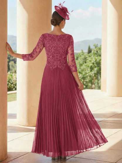 A-Line V-Neck 3/4 Sleeves Ankle-Length Chiffon Mother Of The Bride Dresses With Lace