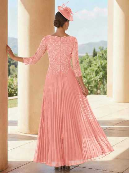 A-Line V-Neck 3/4 Sleeves Ankle-Length Chiffon Mother Of The Bride Dresses With Lace