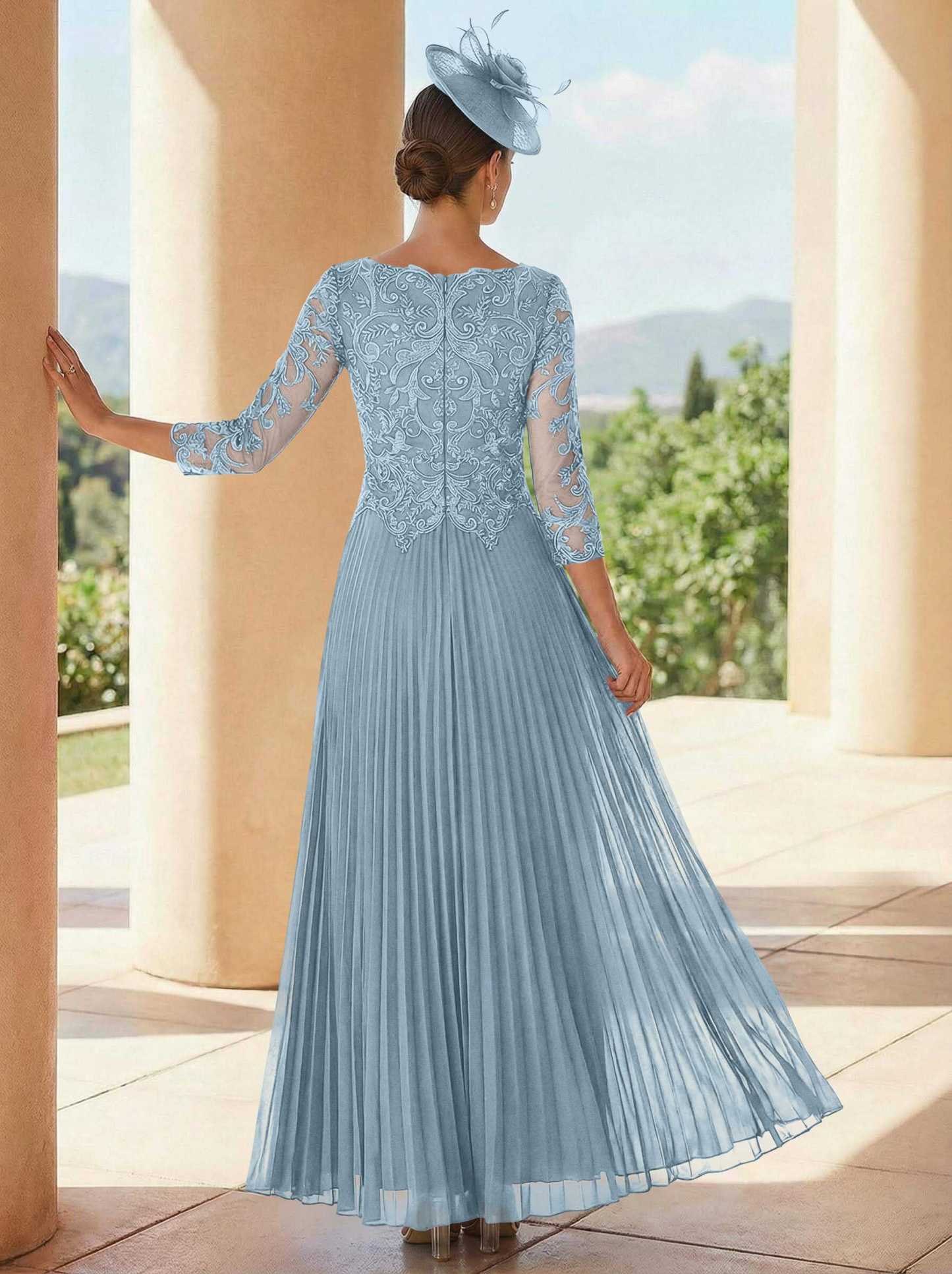 A-Line V-Neck 3/4 Sleeves Ankle-Length Chiffon Mother Of The Bride Dresses With Lace