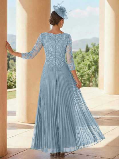 A-Line V-Neck 3/4 Sleeves Ankle-Length Chiffon Mother Of The Bride Dresses With Lace