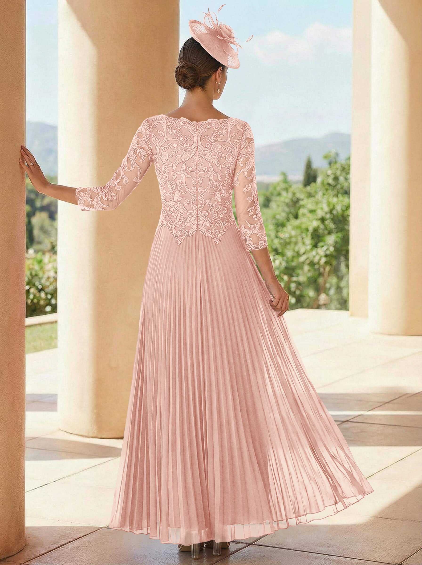 A-Line V-Neck 3/4 Sleeves Ankle-Length Chiffon Mother Of The Bride Dresses With Lace