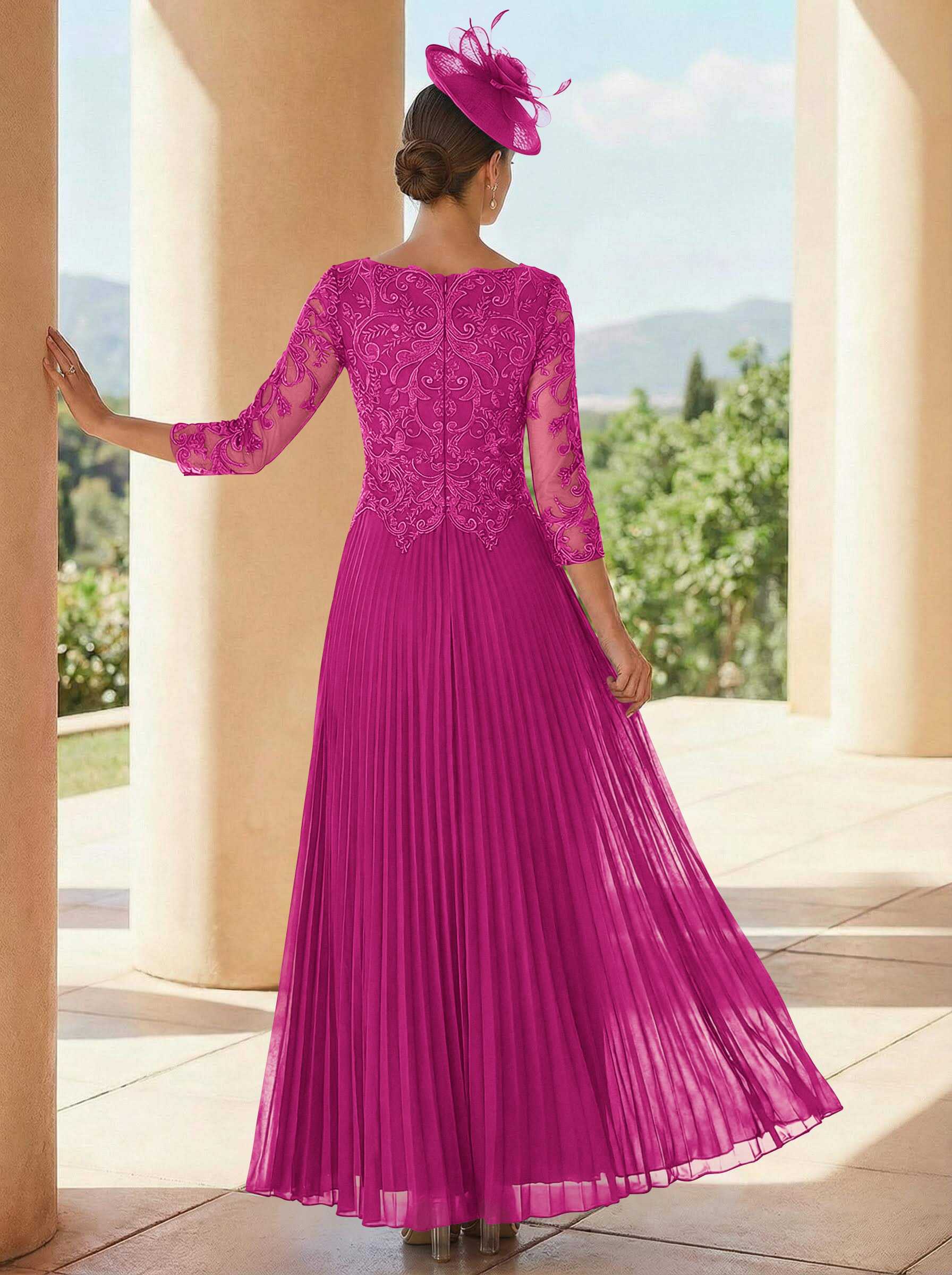 A-Line V-Neck 3/4 Sleeves Ankle-Length Chiffon Mother Of The Bride Dresses With Lace