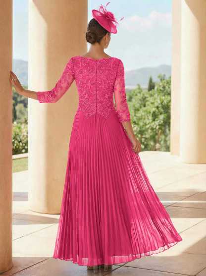 A-Line V-Neck 3/4 Sleeves Ankle-Length Chiffon Mother Of The Bride Dresses With Lace
