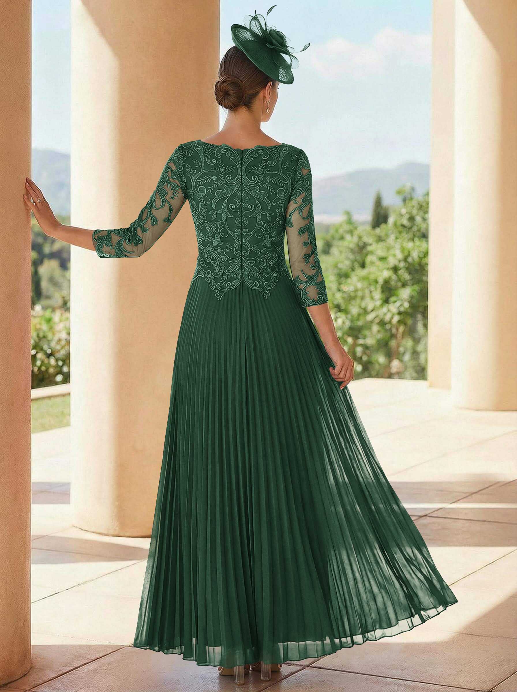 A-Line V-Neck 3/4 Sleeves Ankle-Length Chiffon Mother Of The Bride Dresses With Lace