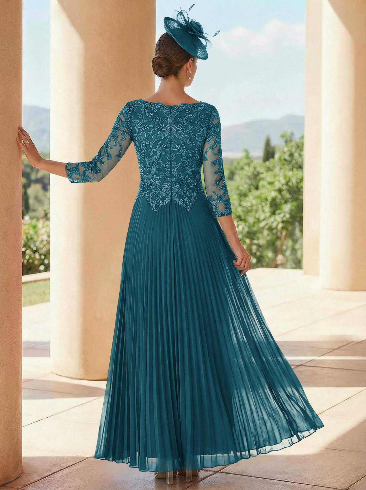 A-Line V-Neck 3/4 Sleeves Ankle-Length Chiffon Mother Of The Bride Dresses With Lace