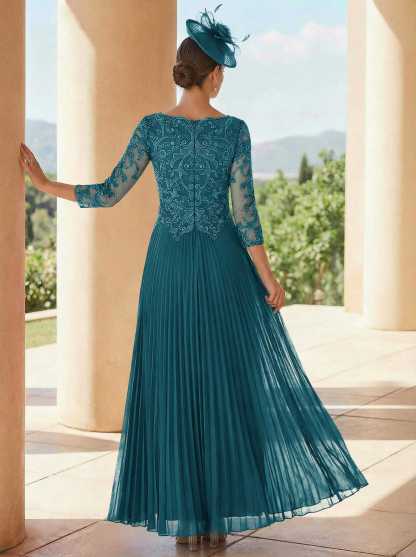 A-Line V-Neck 3/4 Sleeves Ankle-Length Chiffon Mother Of The Bride Dresses With Lace