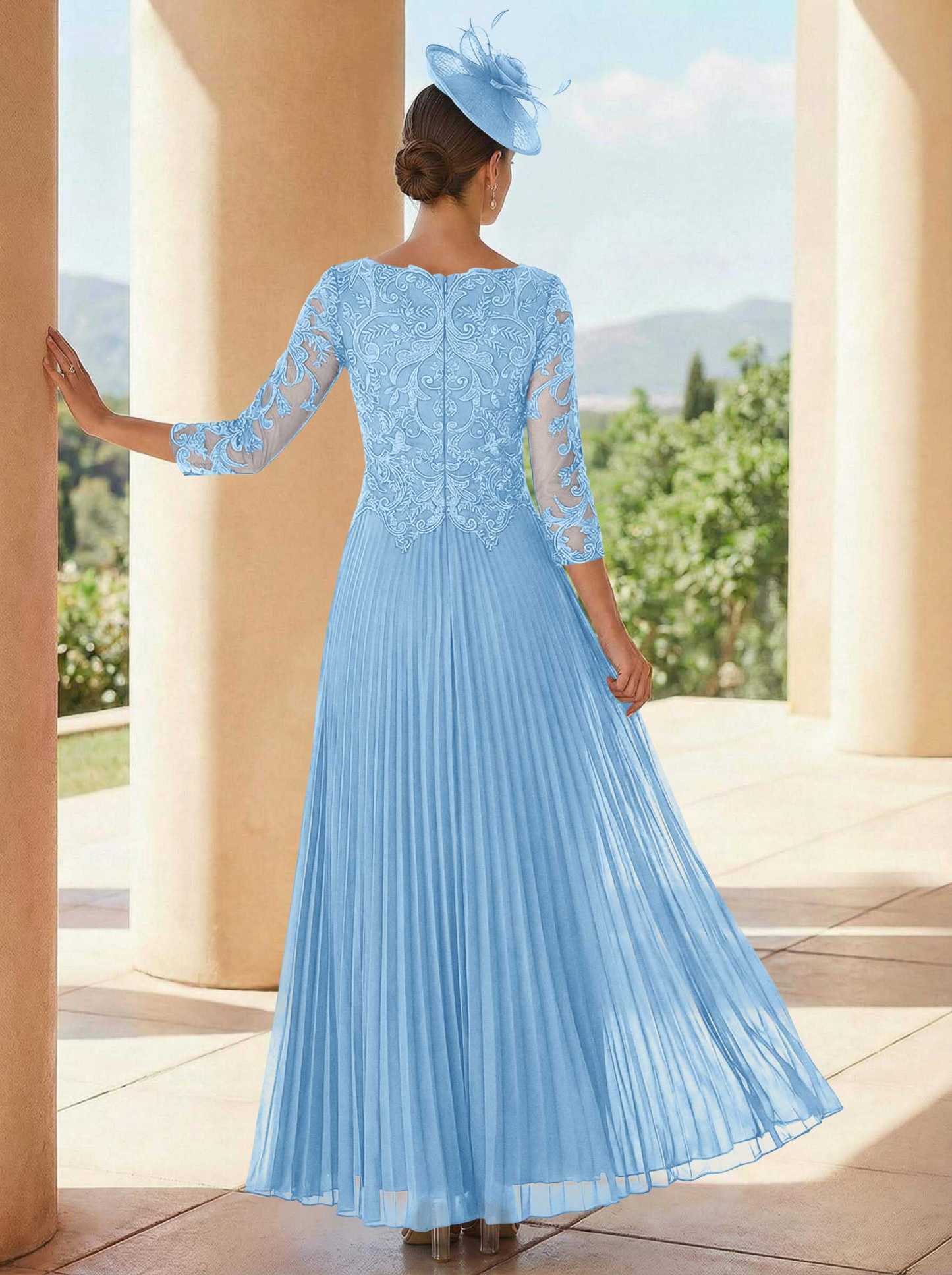 A-Line V-Neck 3/4 Sleeves Ankle-Length Chiffon Mother Of The Bride Dresses With Lace