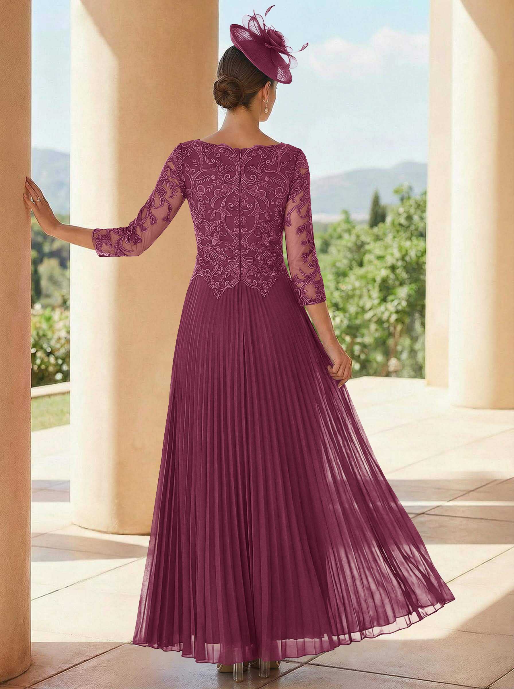 A-Line V-Neck 3/4 Sleeves Ankle-Length Chiffon Mother Of The Bride Dresses With Lace