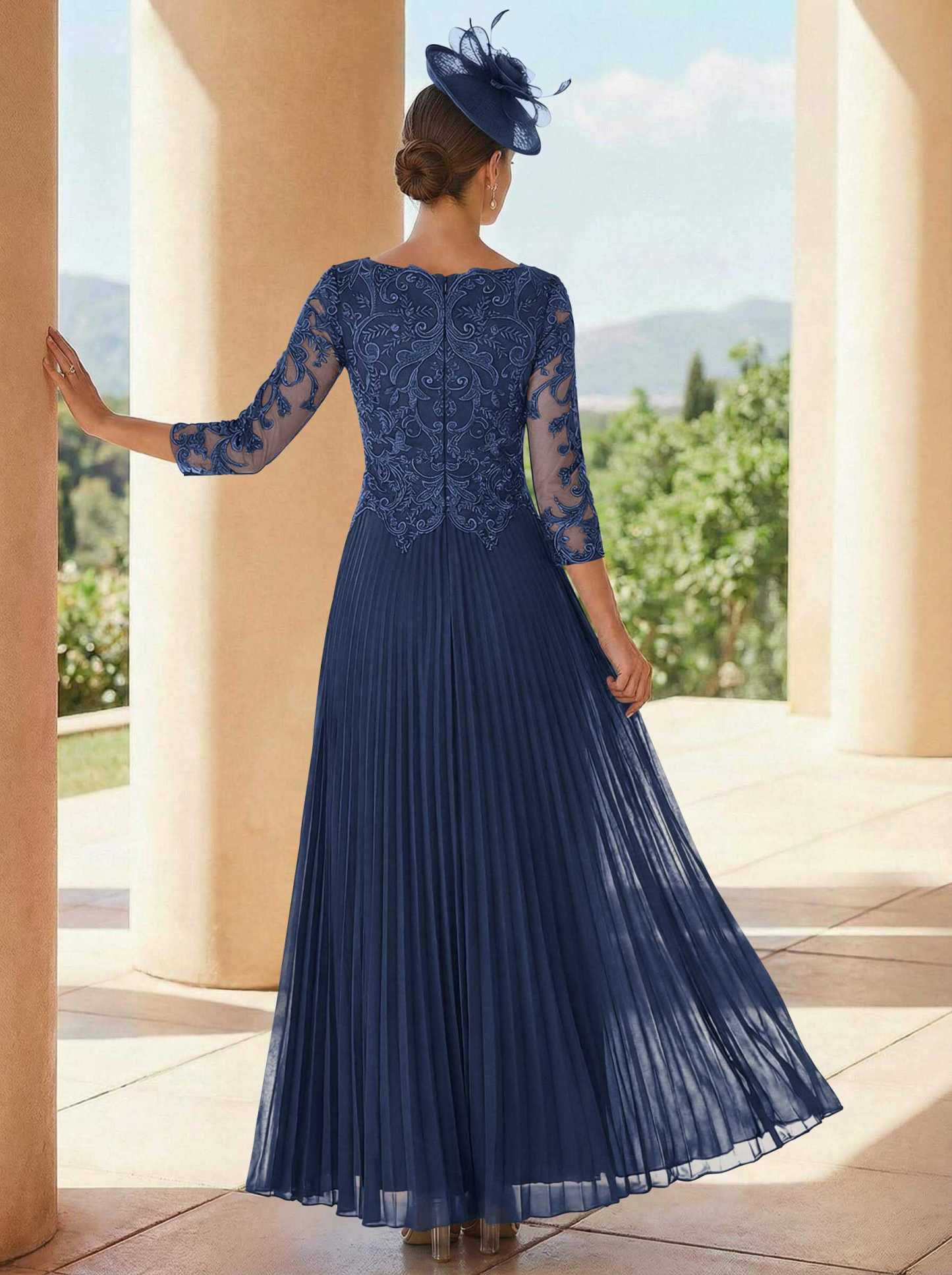 A-Line V-Neck 3/4 Sleeves Ankle-Length Chiffon Mother Of The Bride Dresses With Lace