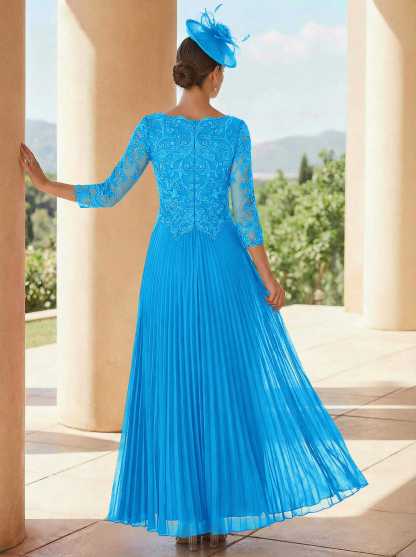 A-Line V-Neck 3/4 Sleeves Ankle-Length Chiffon Mother Of The Bride Dresses With Lace