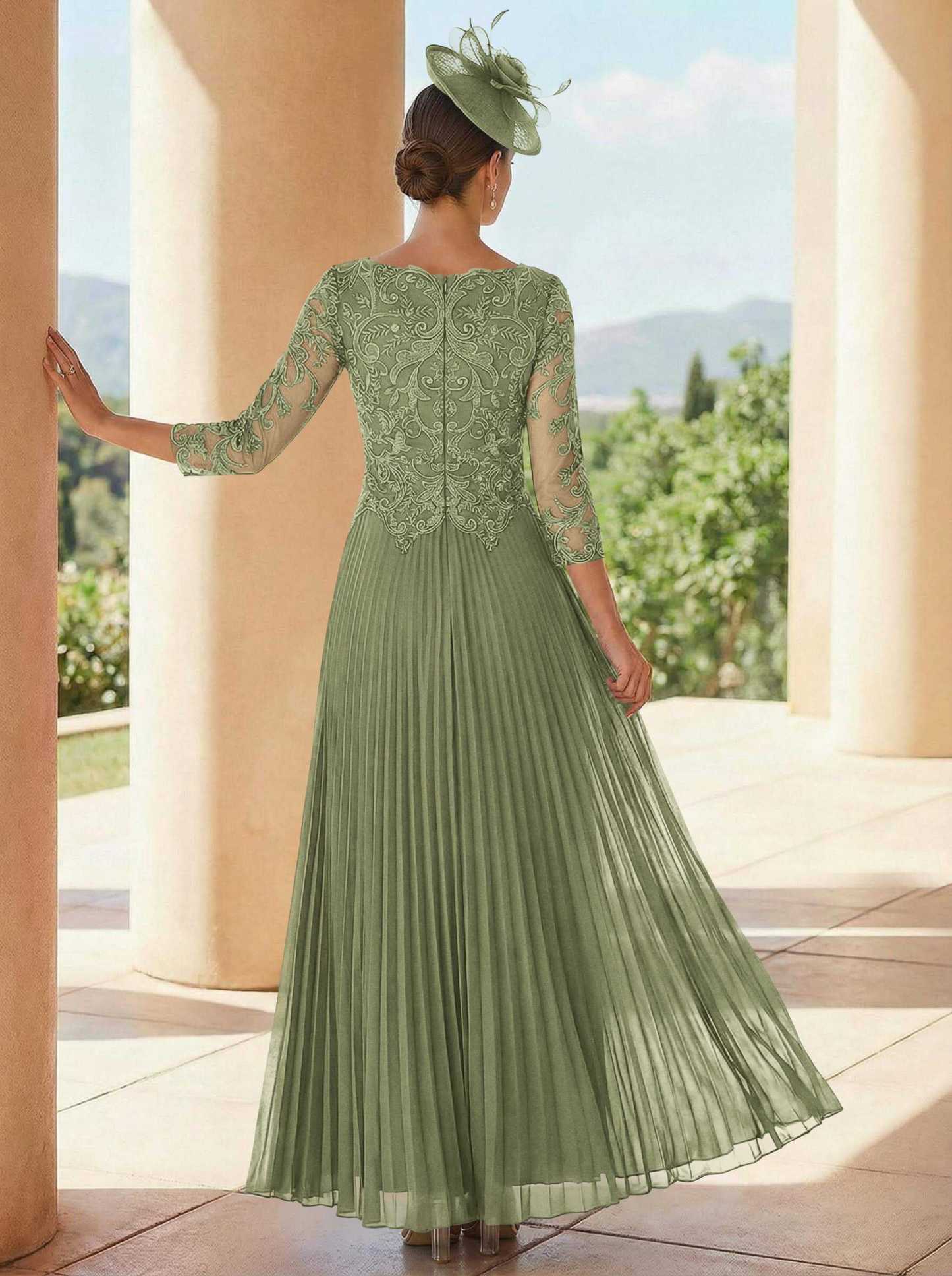 A-Line V-Neck 3/4 Sleeves Ankle-Length Chiffon Mother Of The Bride Dresses With Lace