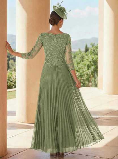 A-Line V-Neck 3/4 Sleeves Ankle-Length Chiffon Mother Of The Bride Dresses With Lace
