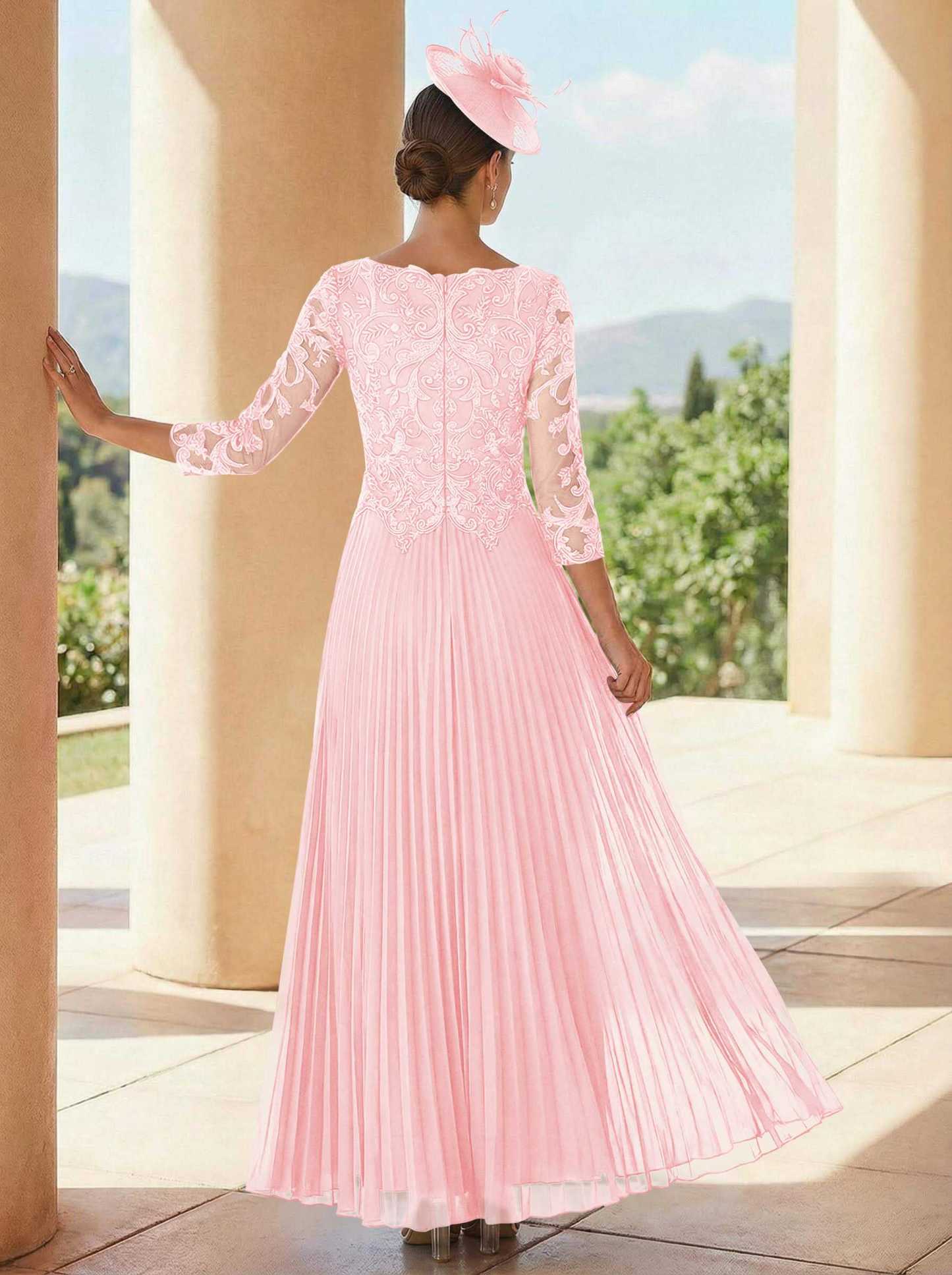 A-Line V-Neck 3/4 Sleeves Ankle-Length Chiffon Mother Of The Bride Dresses With Lace