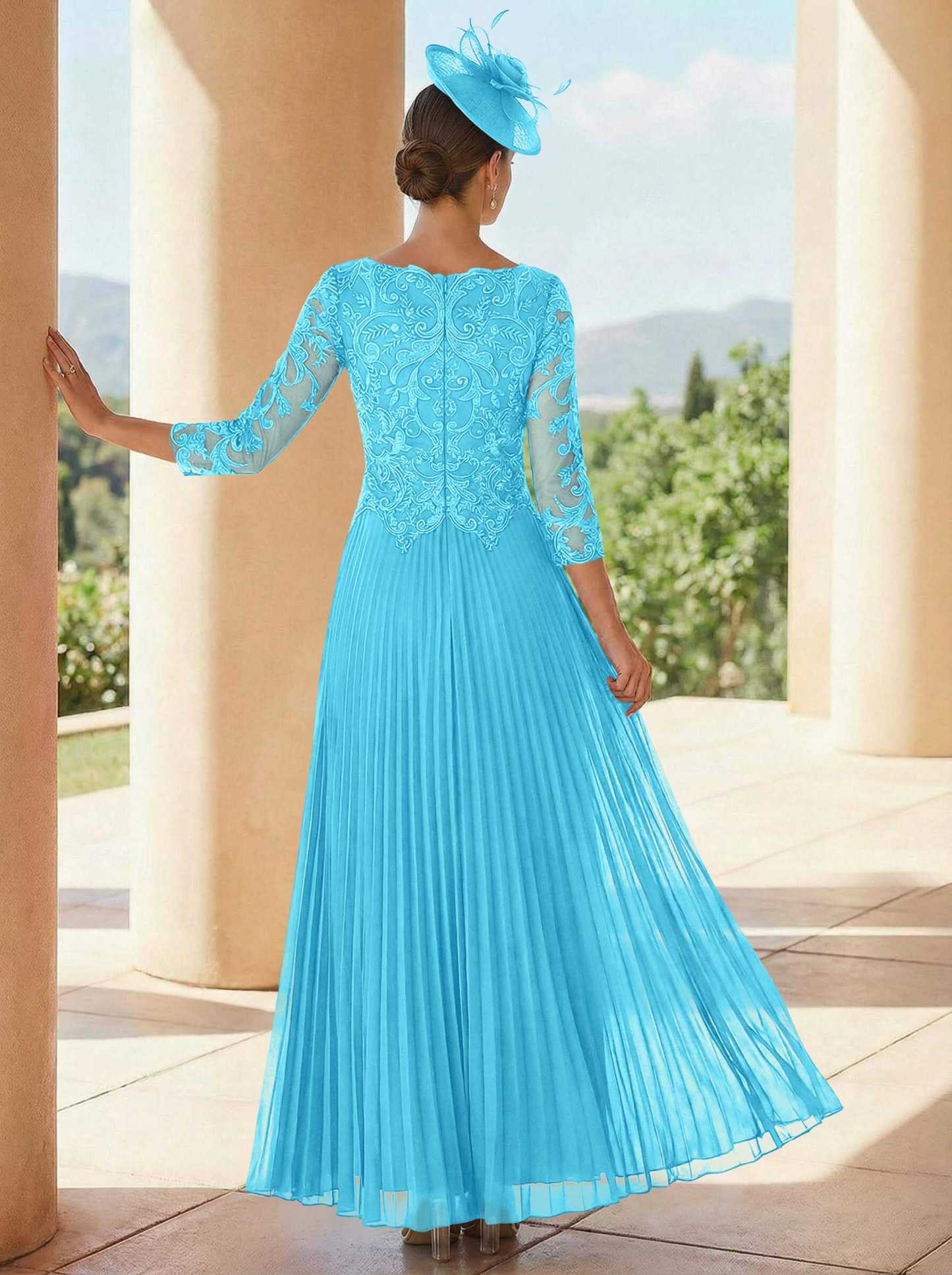 A-Line V-Neck 3/4 Sleeves Ankle-Length Chiffon Mother Of The Bride Dresses With Lace