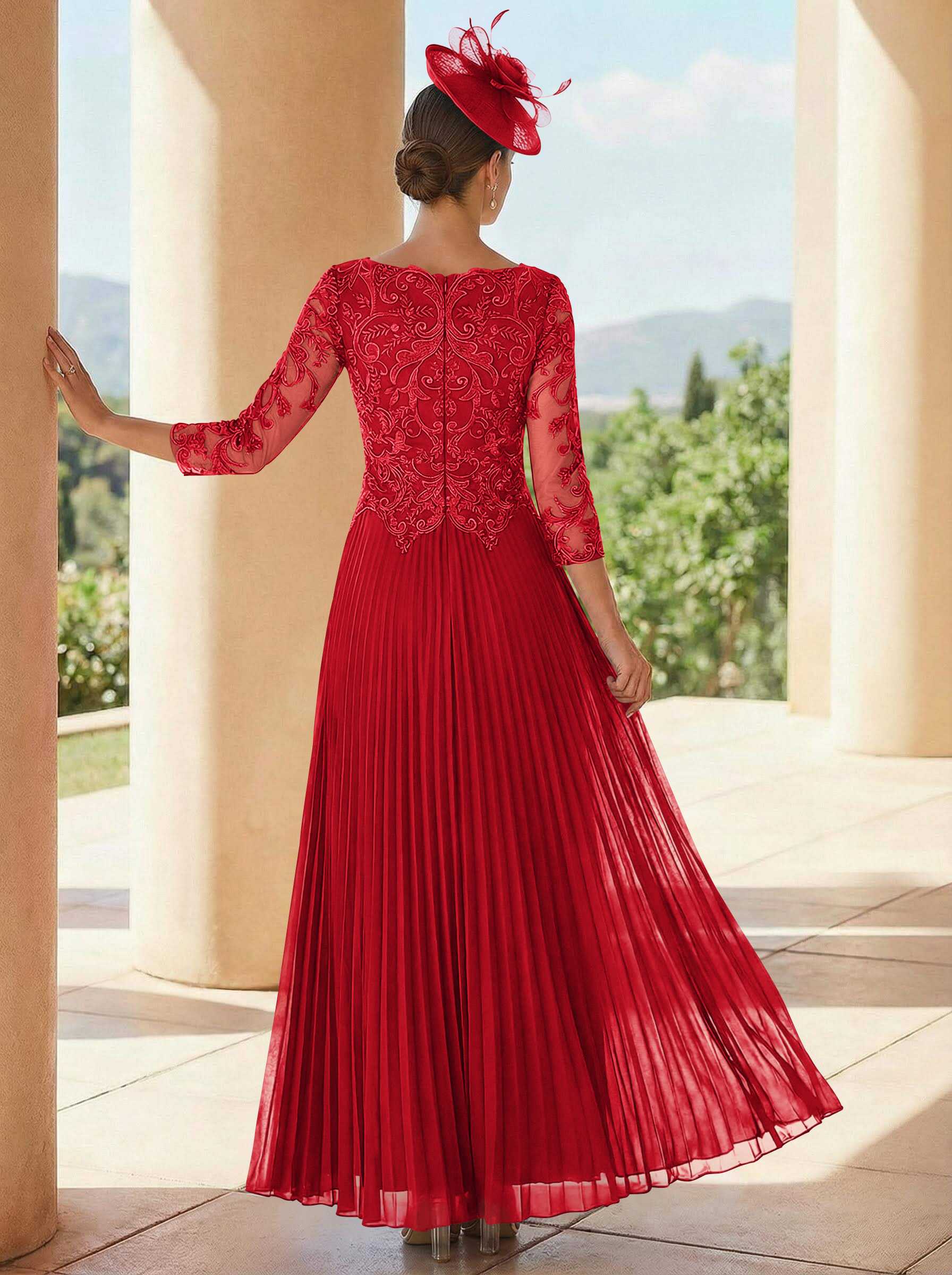 A-Line V-Neck 3/4 Sleeves Ankle-Length Chiffon Mother Of The Bride Dresses With Lace