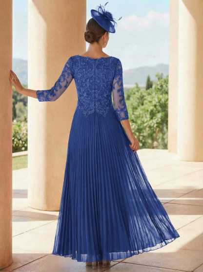 A-Line V-Neck 3/4 Sleeves Ankle-Length Chiffon Mother Of The Bride Dresses With Lace