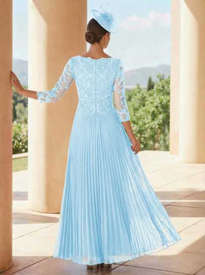 A-Line V-Neck 3/4 Sleeves Ankle-Length Chiffon Mother Of The Bride Dresses With Lace