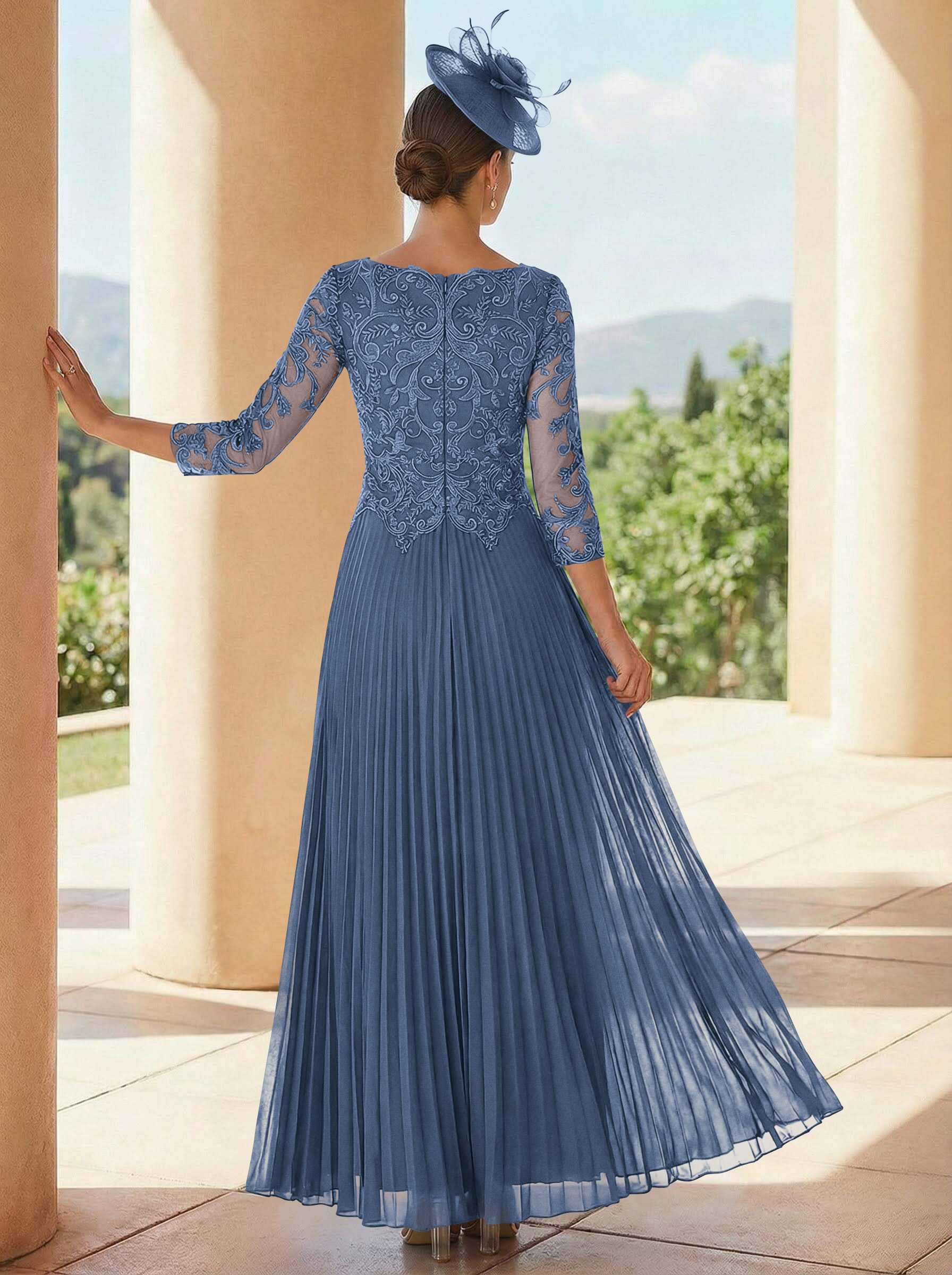 A-Line V-Neck 3/4 Sleeves Ankle-Length Chiffon Mother Of The Bride Dresses With Lace