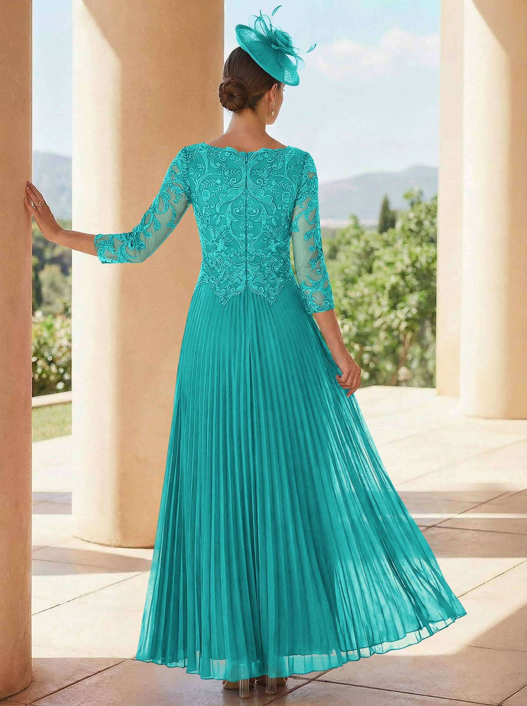 A-Line V-Neck 3/4 Sleeves Ankle-Length Chiffon Mother Of The Bride Dresses With Lace