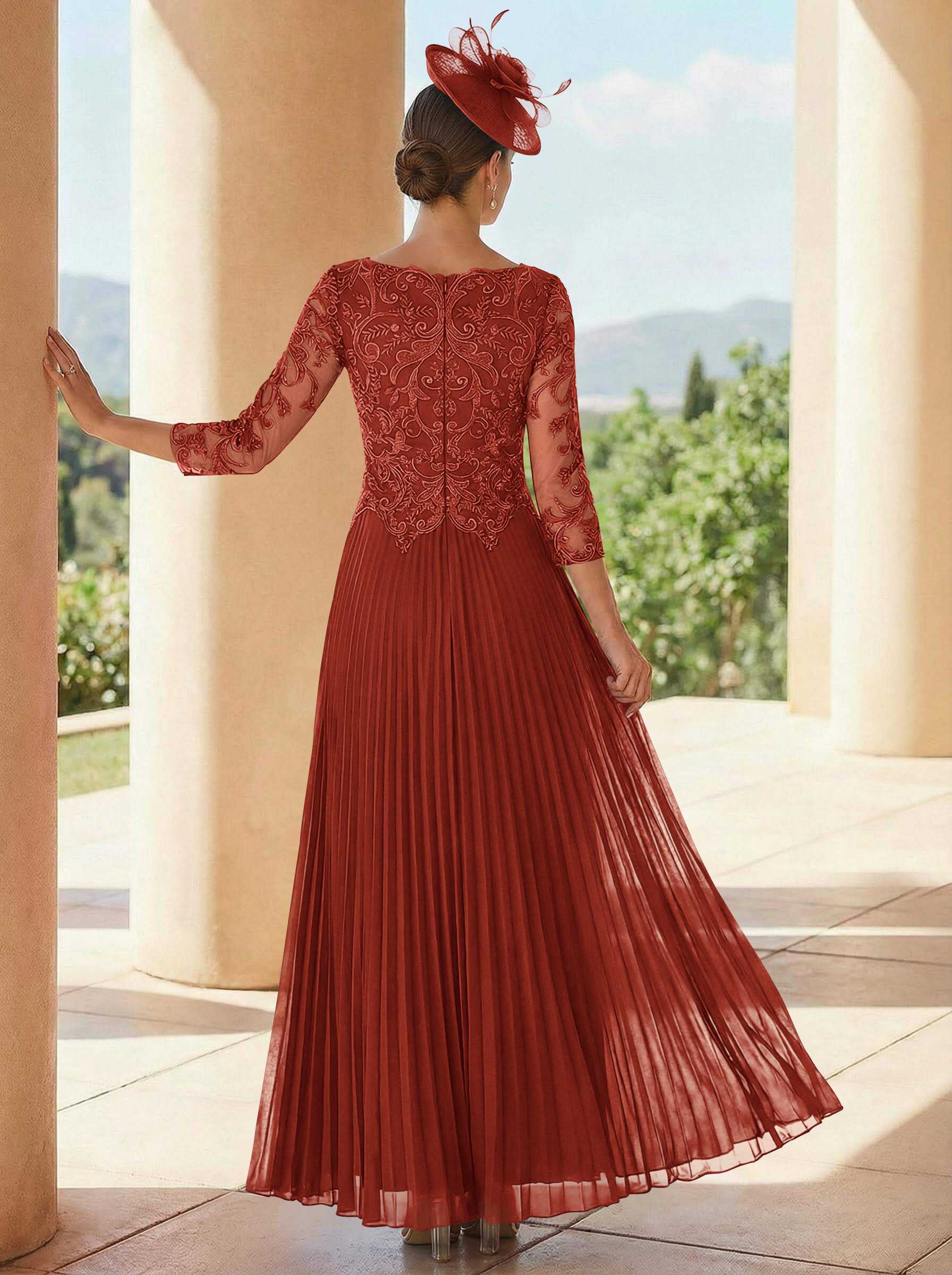 A-Line V-Neck 3/4 Sleeves Ankle-Length Chiffon Mother Of The Bride Dresses With Lace
