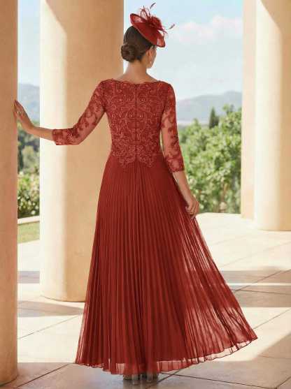 A-Line V-Neck 3/4 Sleeves Ankle-Length Chiffon Mother Of The Bride Dresses With Lace