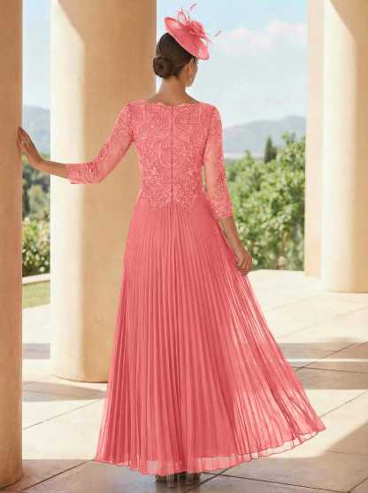 A-Line V-Neck 3/4 Sleeves Ankle-Length Chiffon Mother Of The Bride Dresses With Lace