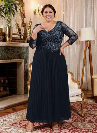 A-Line V-Neck 3/4 Sleeves Ankle-Length Chiffon Mother Of The Bride Dresses With Lace
