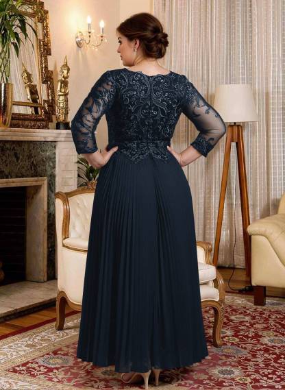A-Line V-Neck 3/4 Sleeves Ankle-Length Chiffon Mother Of The Bride Dresses With Lace