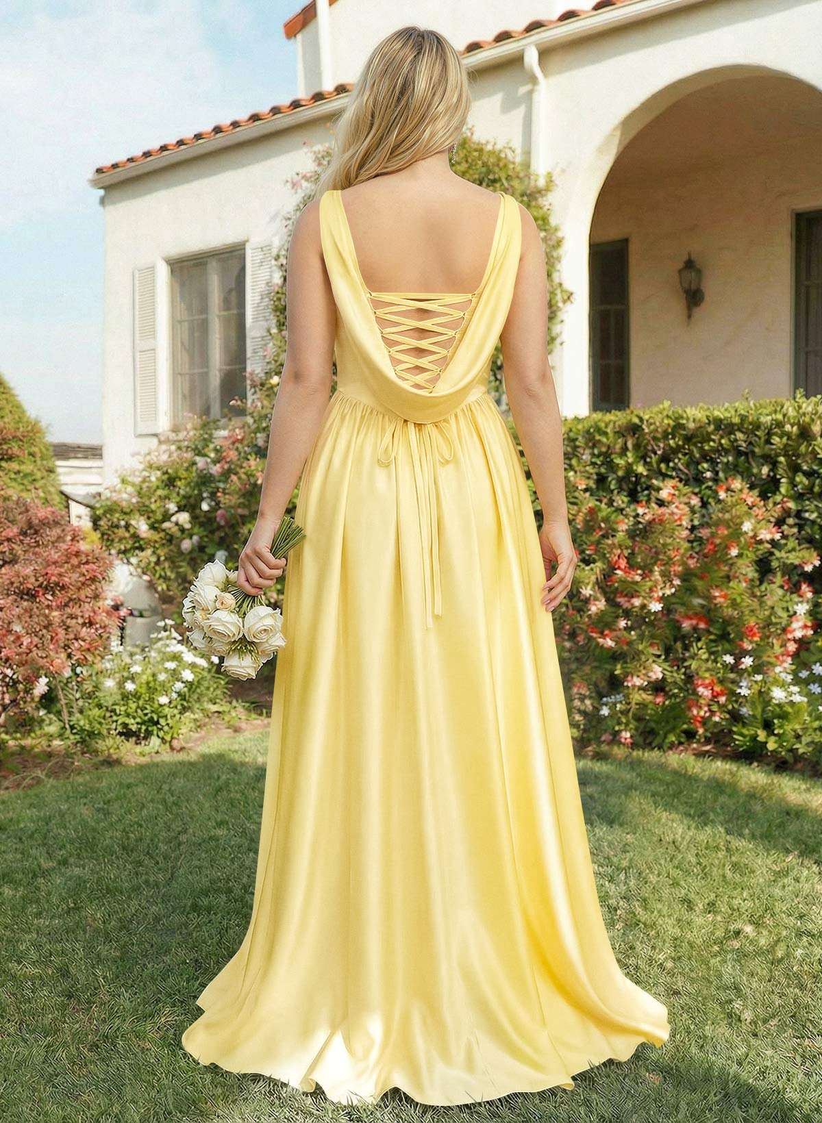 A-Line Cowl Neck Sweep Train Sleeveless Satin Bridesmaid Dresses With Split Front, image 2