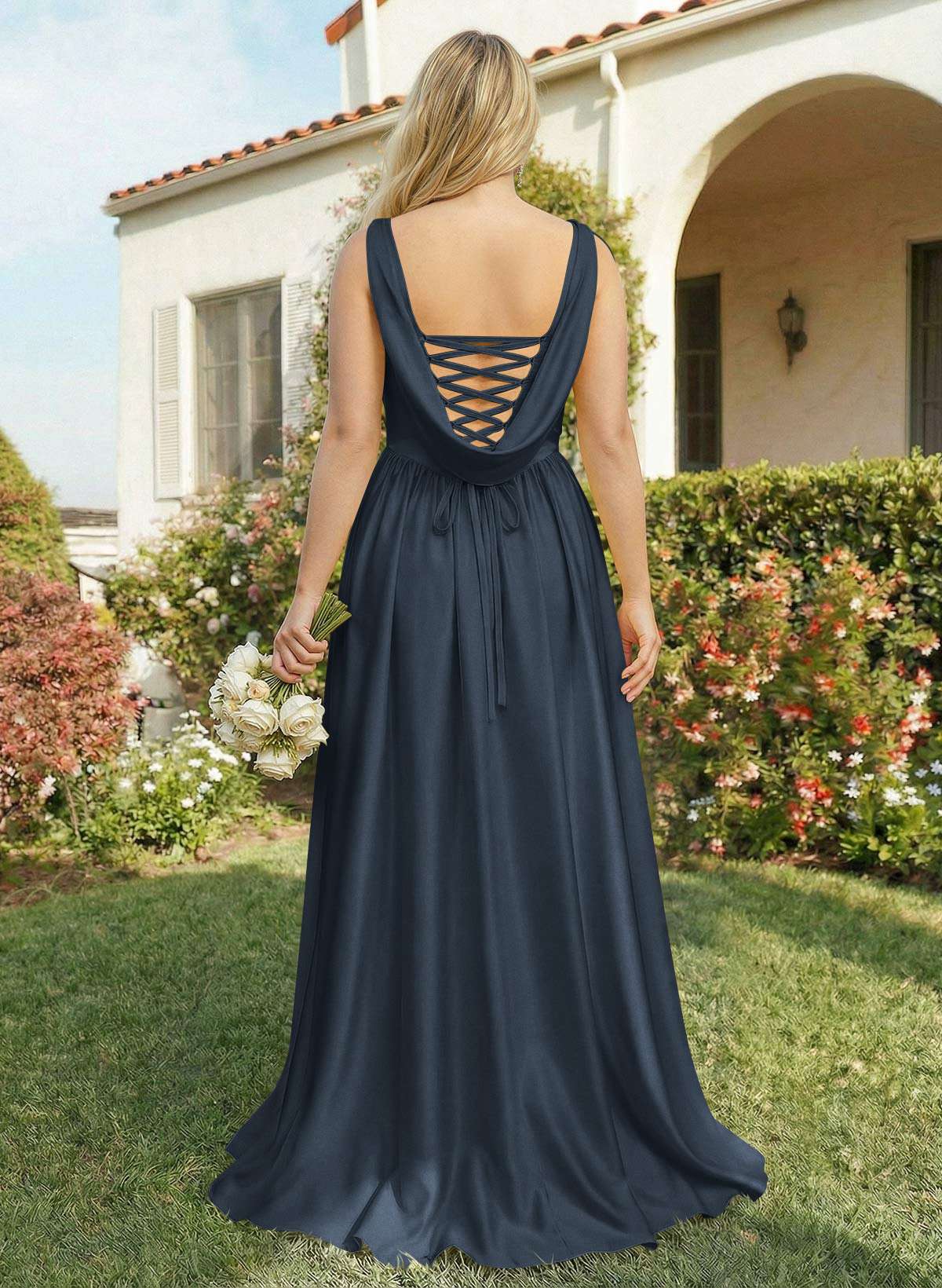 A-Line Cowl Neck Sweep Train Sleeveless Satin Bridesmaid Dresses With Split Front, image 6