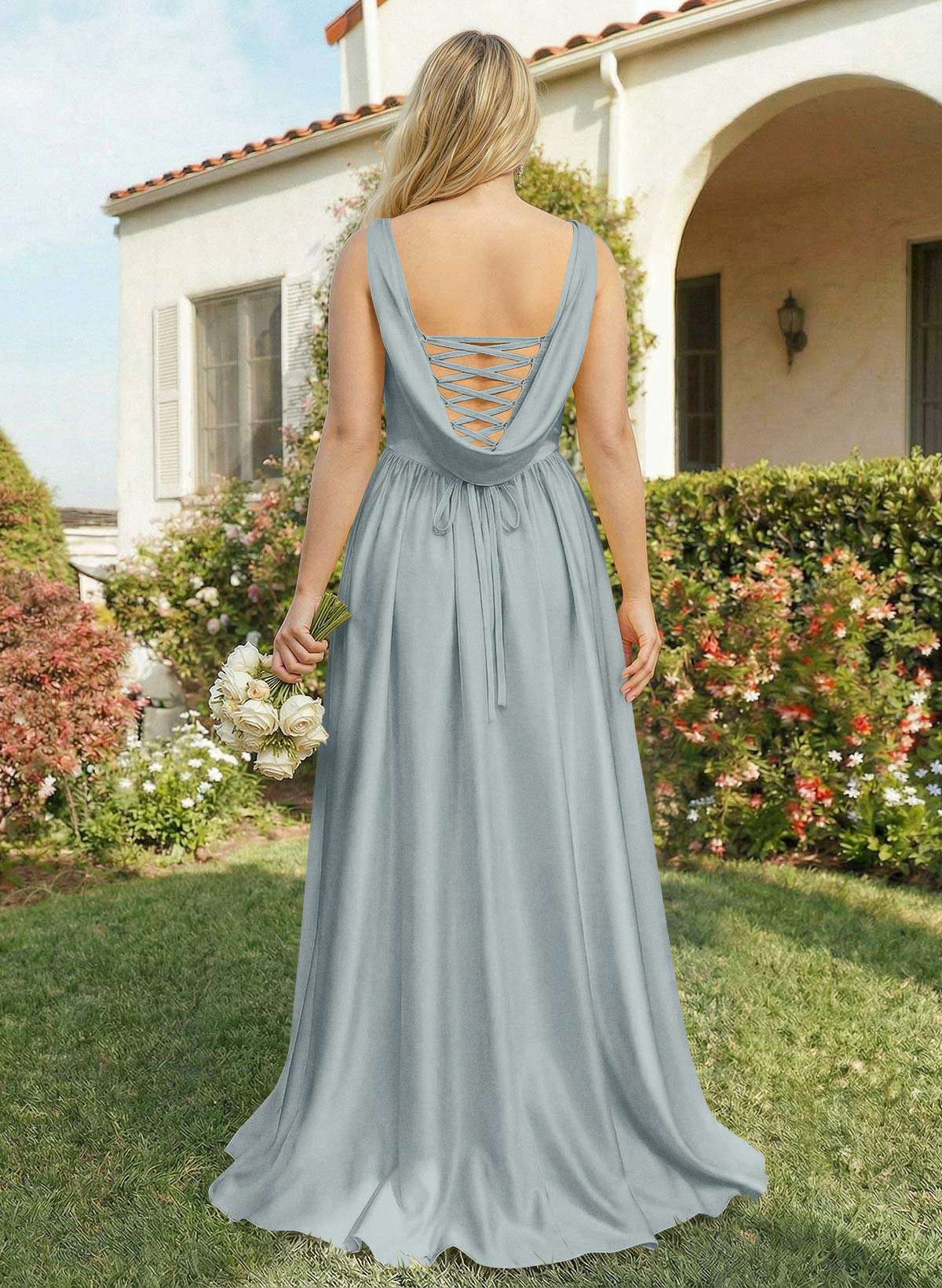 A-Line Cowl Neck Sweep Train Sleeveless Satin Bridesmaid Dresses With Split Front, image 14