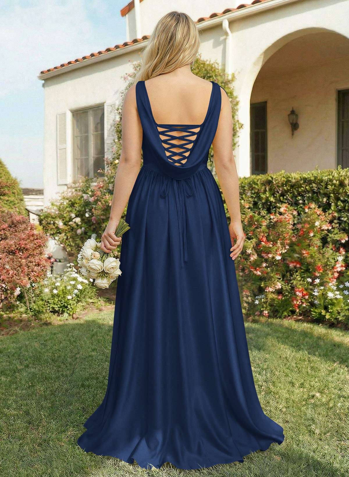 A-Line Cowl Neck Sweep Train Sleeveless Satin Bridesmaid Dresses With Split Front, image 10