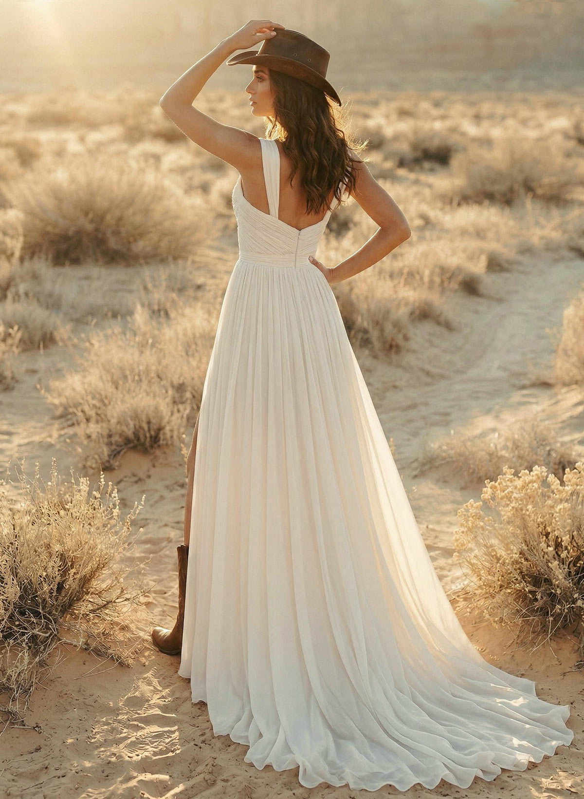 A-Line Chapel Train Chiffon Wedding Dresses With Split Front, image 2