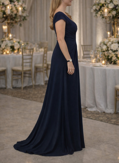 A-Line Plunge Neck Short Sleeves Sweep Train Crepe Satin Evening Dresses, supplier image 2