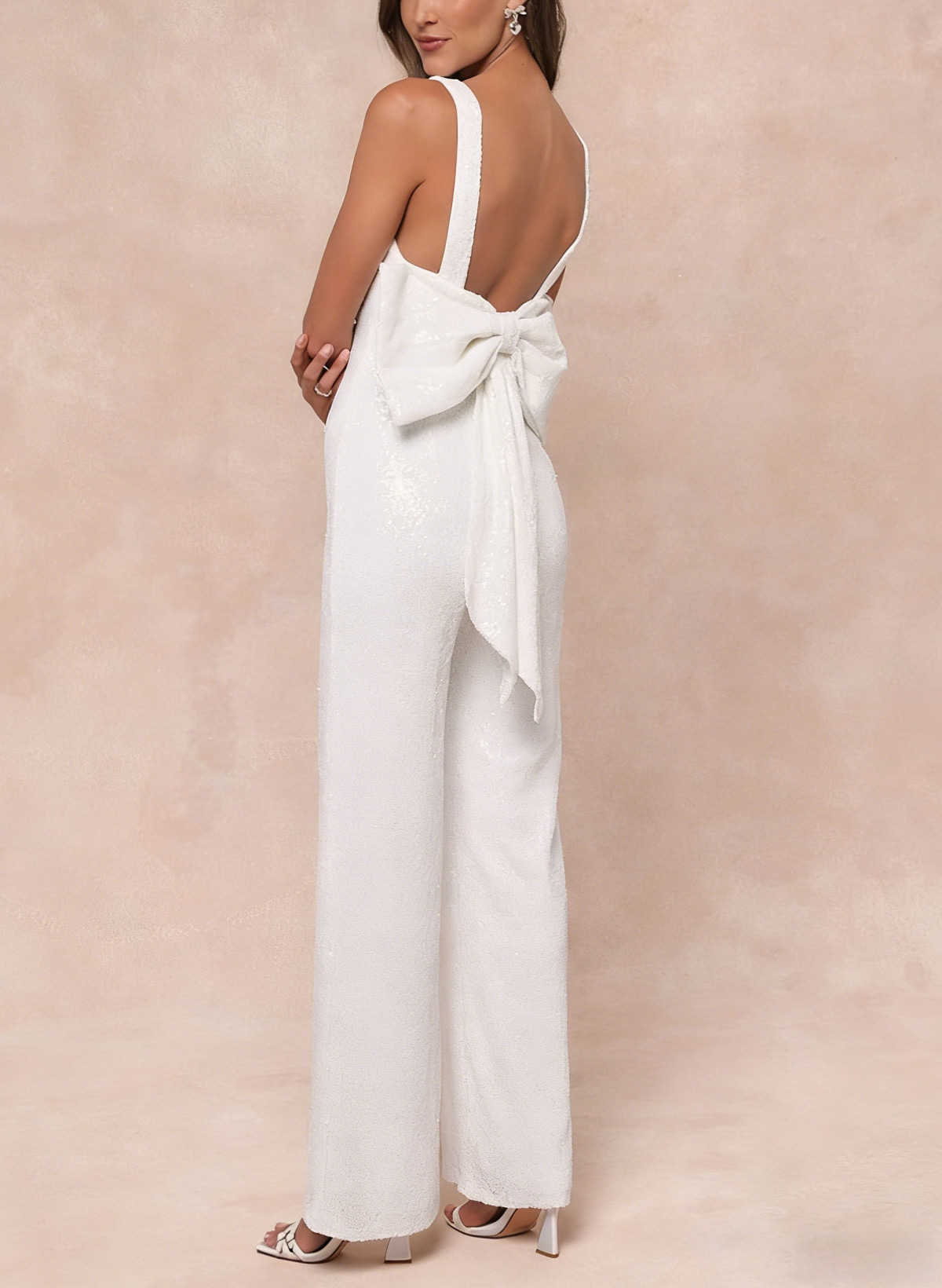Jumpsuit/Pantsuit V-Neck Sleeveless Floor-Length Sequined With Bow(s) Wedding Dresses, image 2