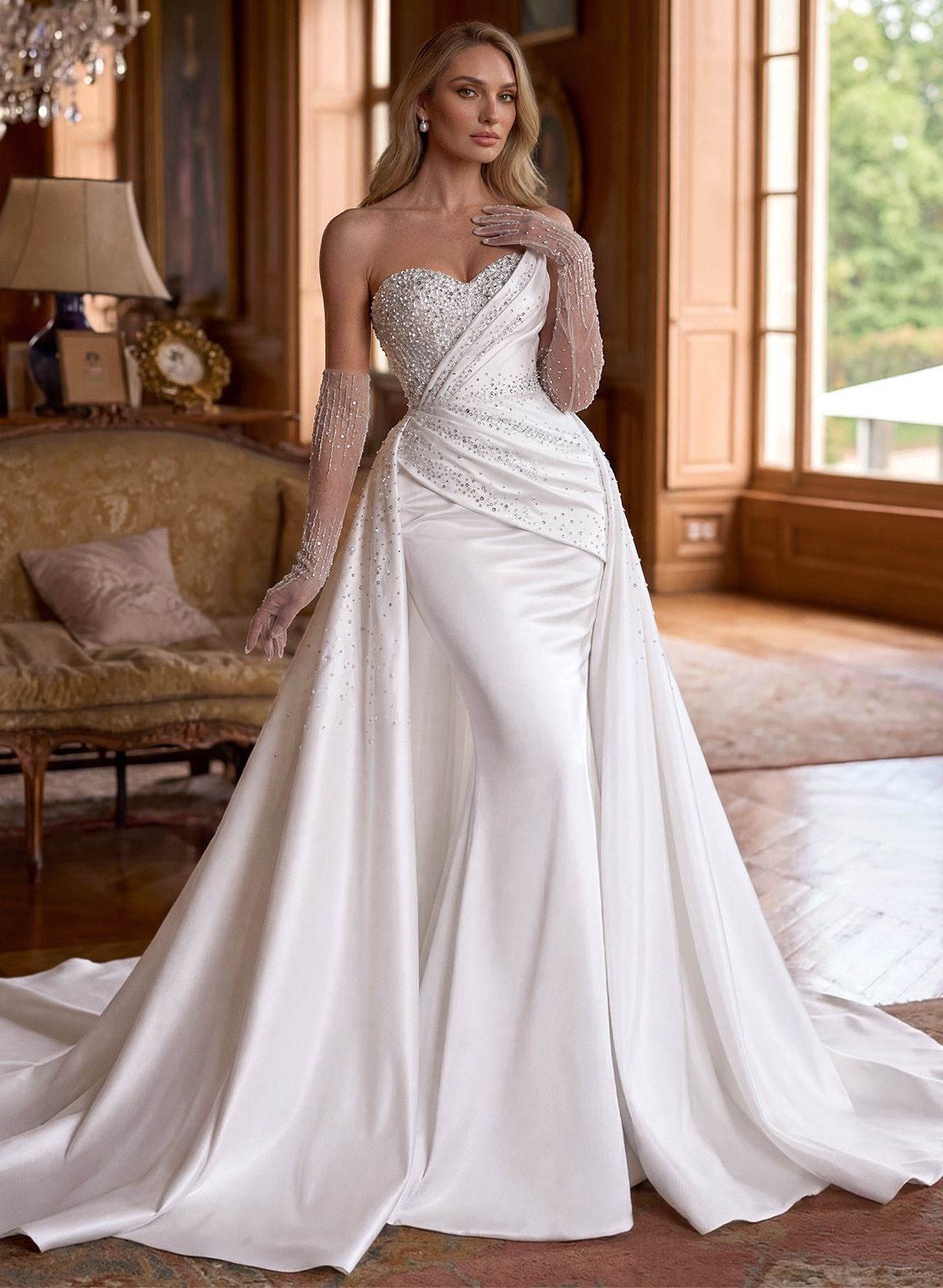 Trumpet/Mermaid Sweetheart Detachable Luxury Satin/Sequined Wedding Dresses