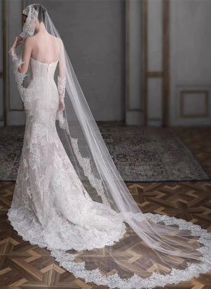 Lace Applique Edge Floral One-Tier Tulle Chapel Bridal Veils