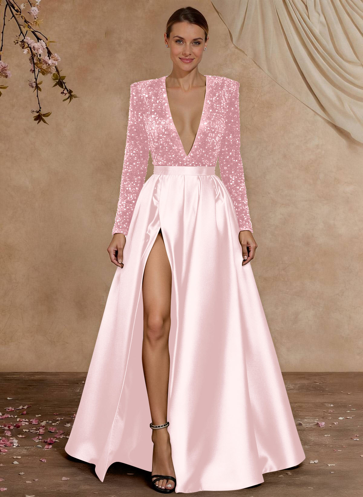 A-Line V-Neck Long Sleeves Floor-Length Satin Velvet Sequin Mother Of The Bride Dresses