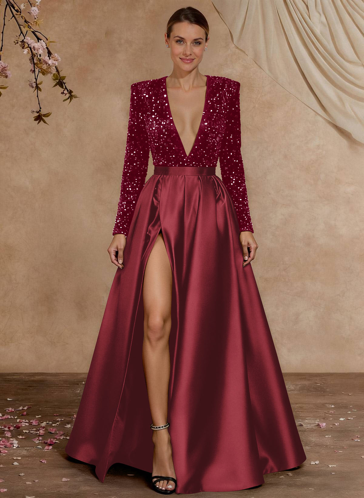 A-Line V-Neck Long Sleeves Floor-Length Satin Velvet Sequin Mother Of The Bride Dresses