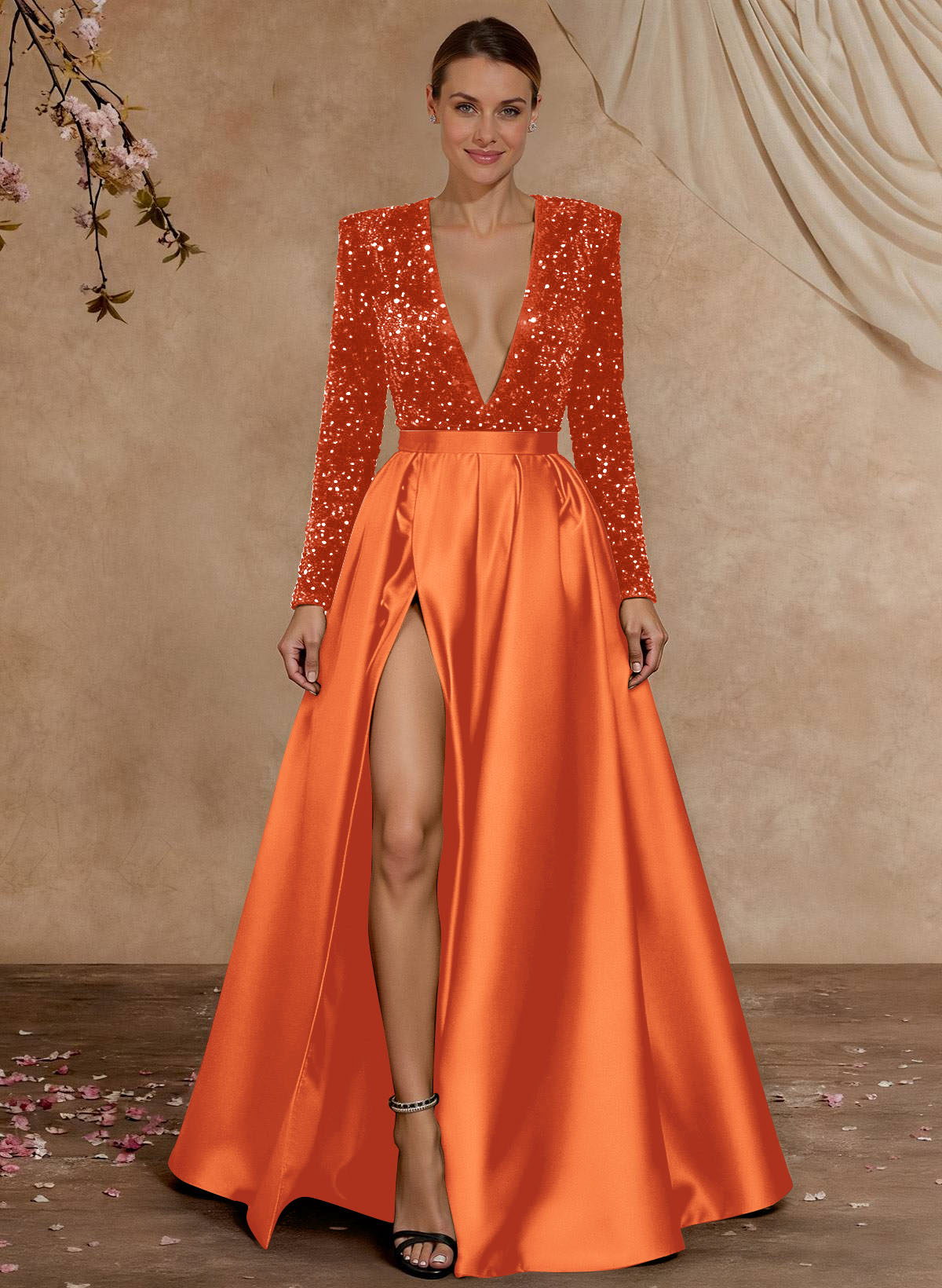 A-Line V-Neck Long Sleeves Floor-Length Satin Velvet Sequin Mother Of The Bride Dresses