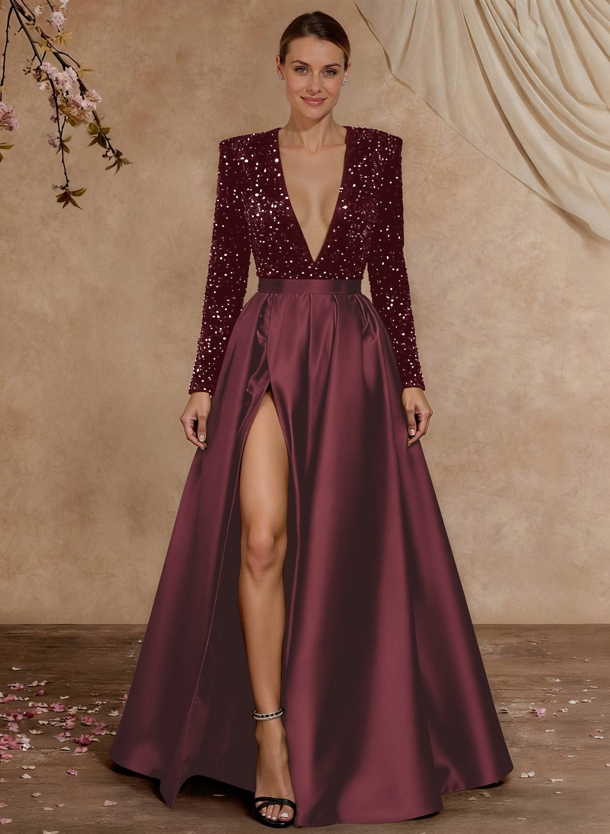 A-Line V-Neck Long Sleeves Floor-Length Satin Velvet Sequin Mother Of The Bride Dresses