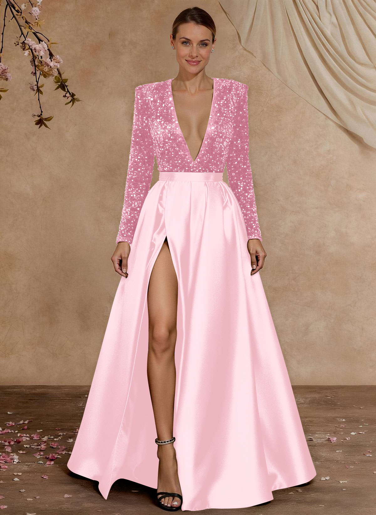 A-Line V-Neck Long Sleeves Floor-Length Satin Velvet Sequin Mother Of The Bride Dresses