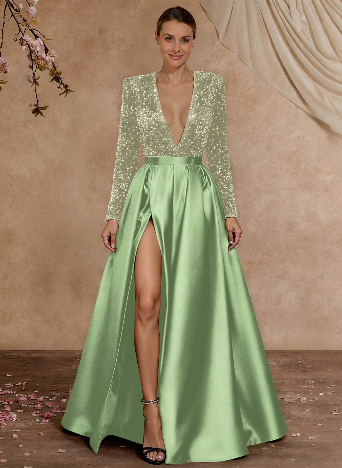 A-Line V-Neck Long Sleeves Floor-Length Satin Velvet Sequin Mother Of The Bride Dresses