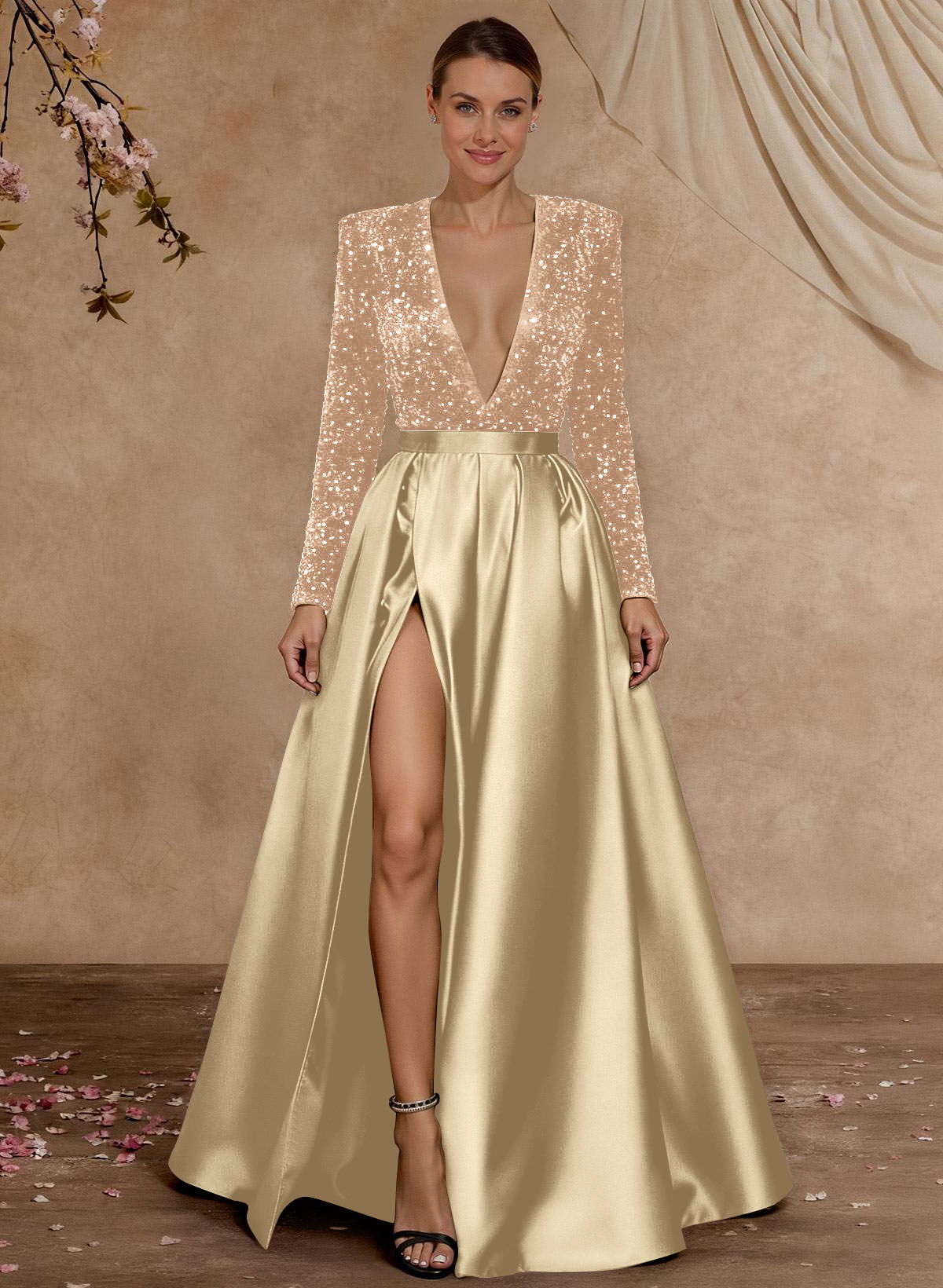 A-Line V-Neck Long Sleeves Floor-Length Satin Velvet Sequin Mother Of The Bride Dresses