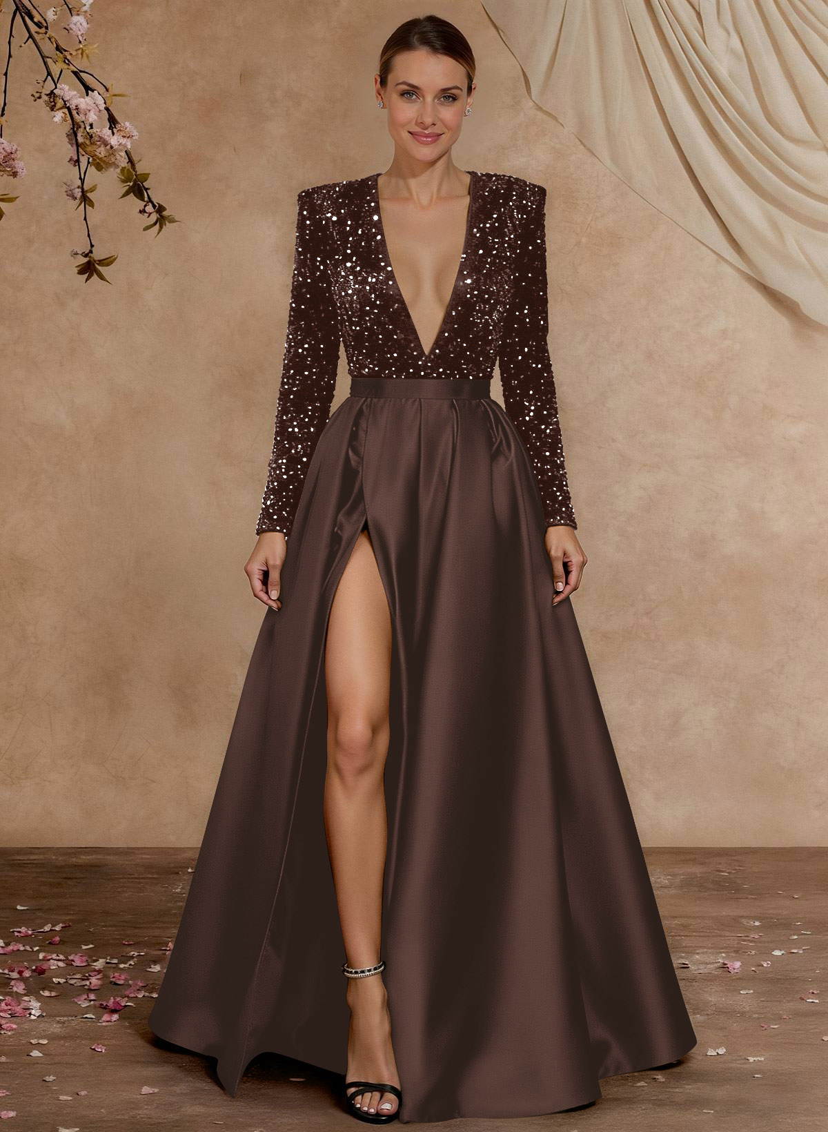 A-Line V-Neck Long Sleeves Floor-Length Satin Velvet Sequin Mother Of The Bride Dresses